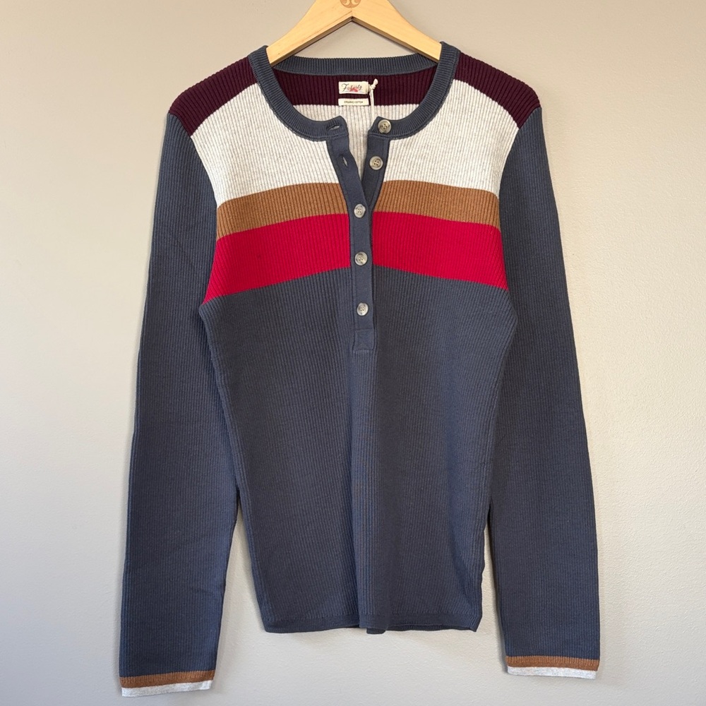 Faherty Mikki Henley‎ Vintage Stripe Sweater Size XL Gray Maroon Caramel Red